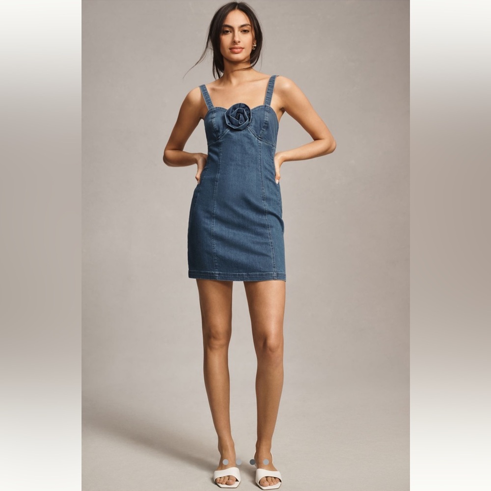 Porridge rosette denim slim mini dress. From Anthropologie.